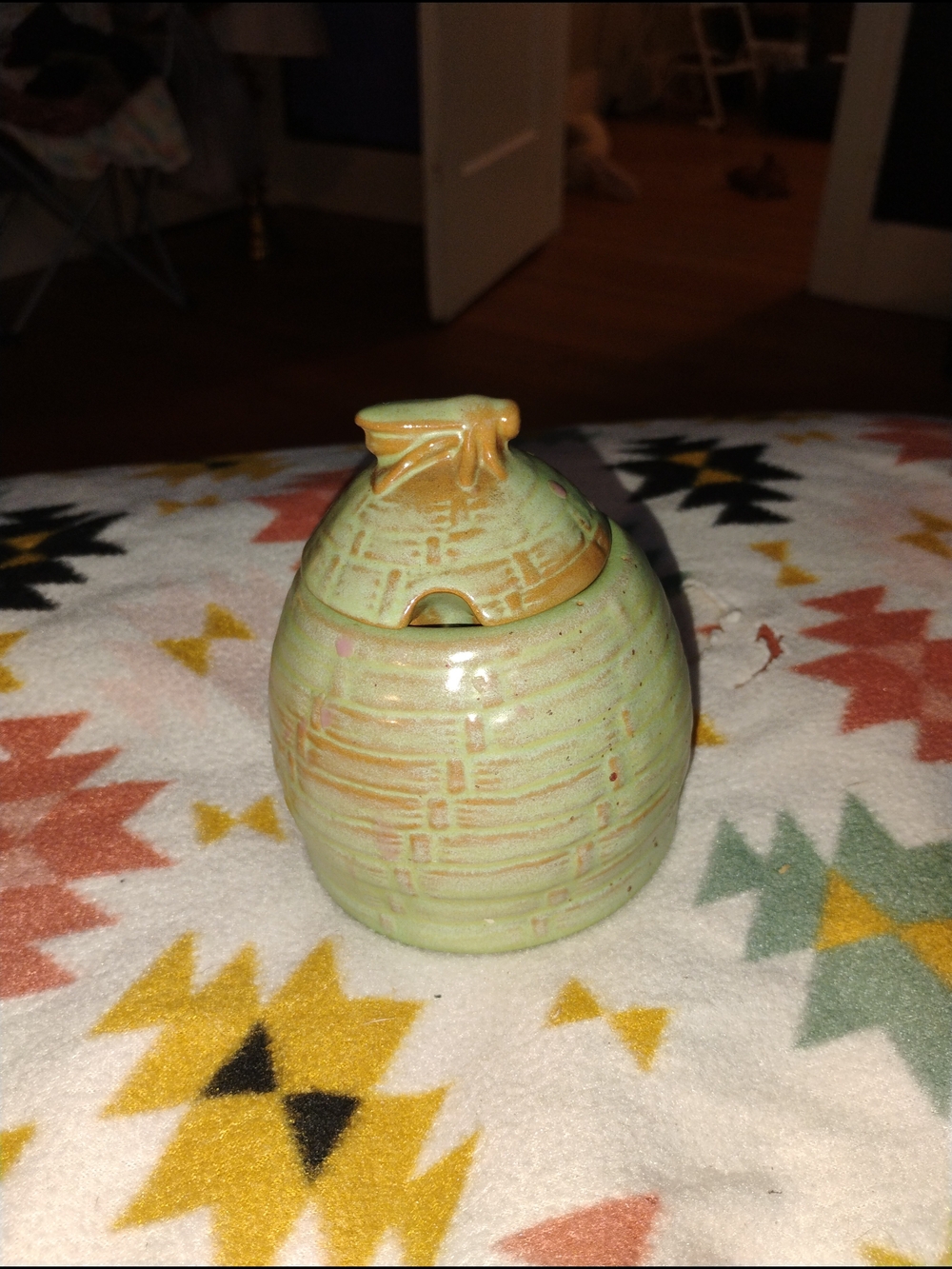 Frankoma Green and Brown Glazed Ceramic Honey Jar with Lid